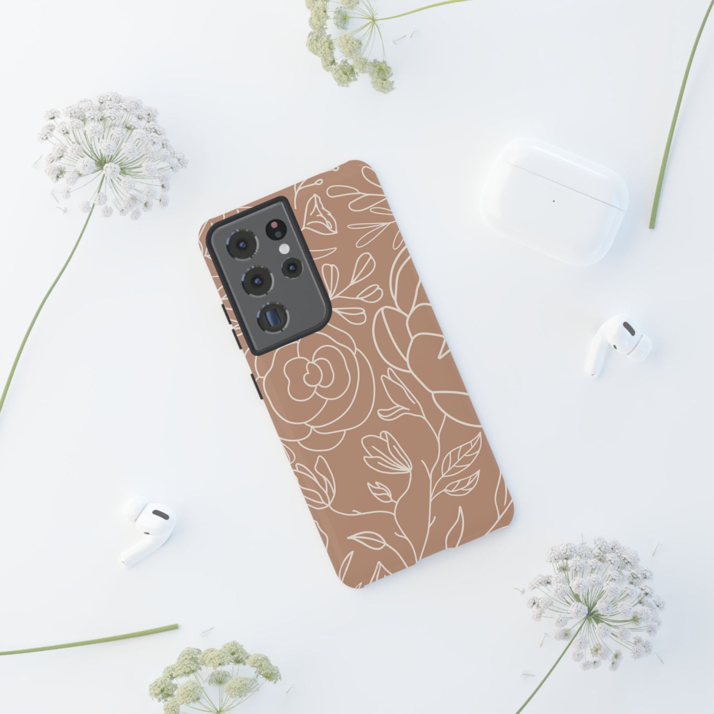 Tan & White Boho Florals - Tough Phone Case