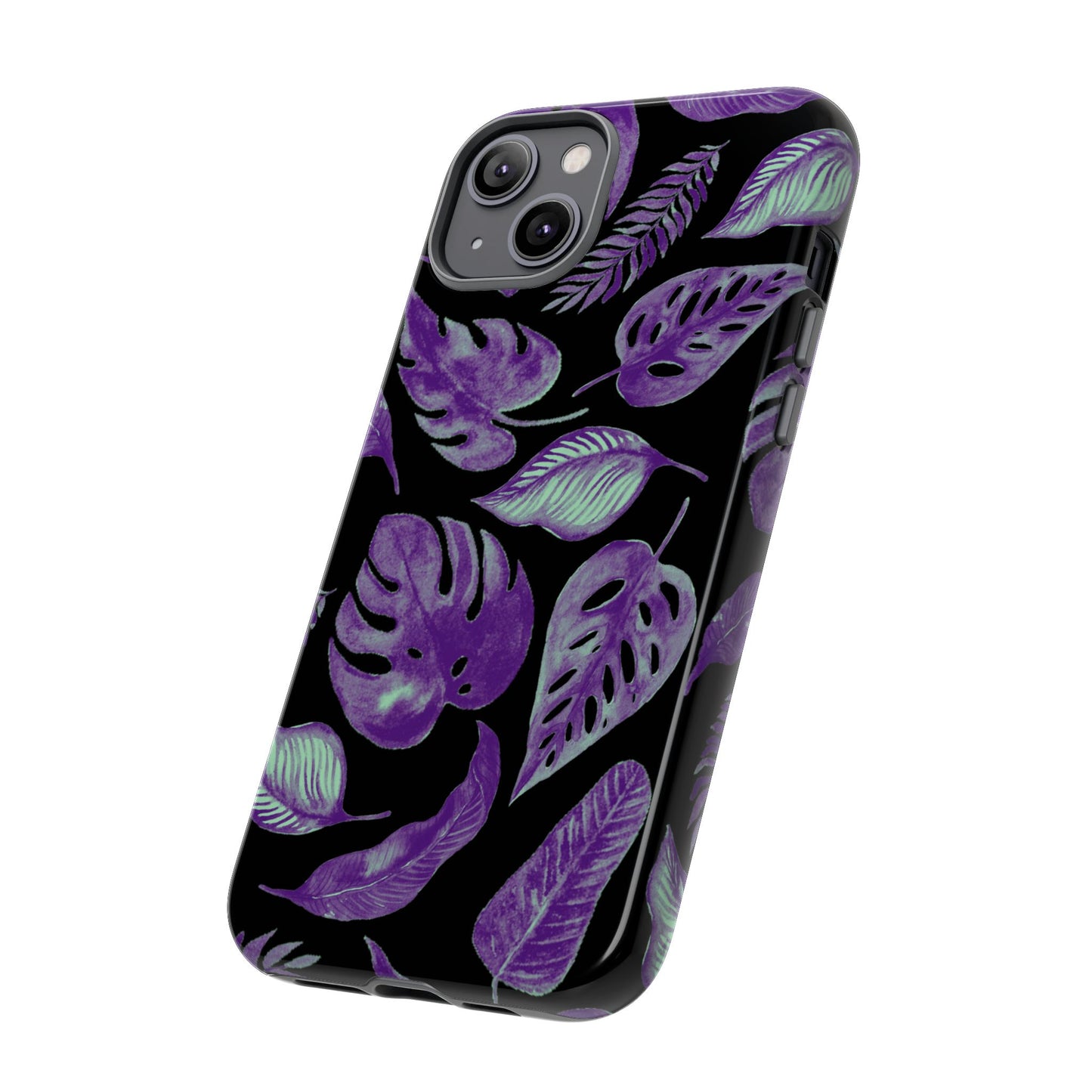 Purple & Mint Tropical Leaves on Black - Tough Case