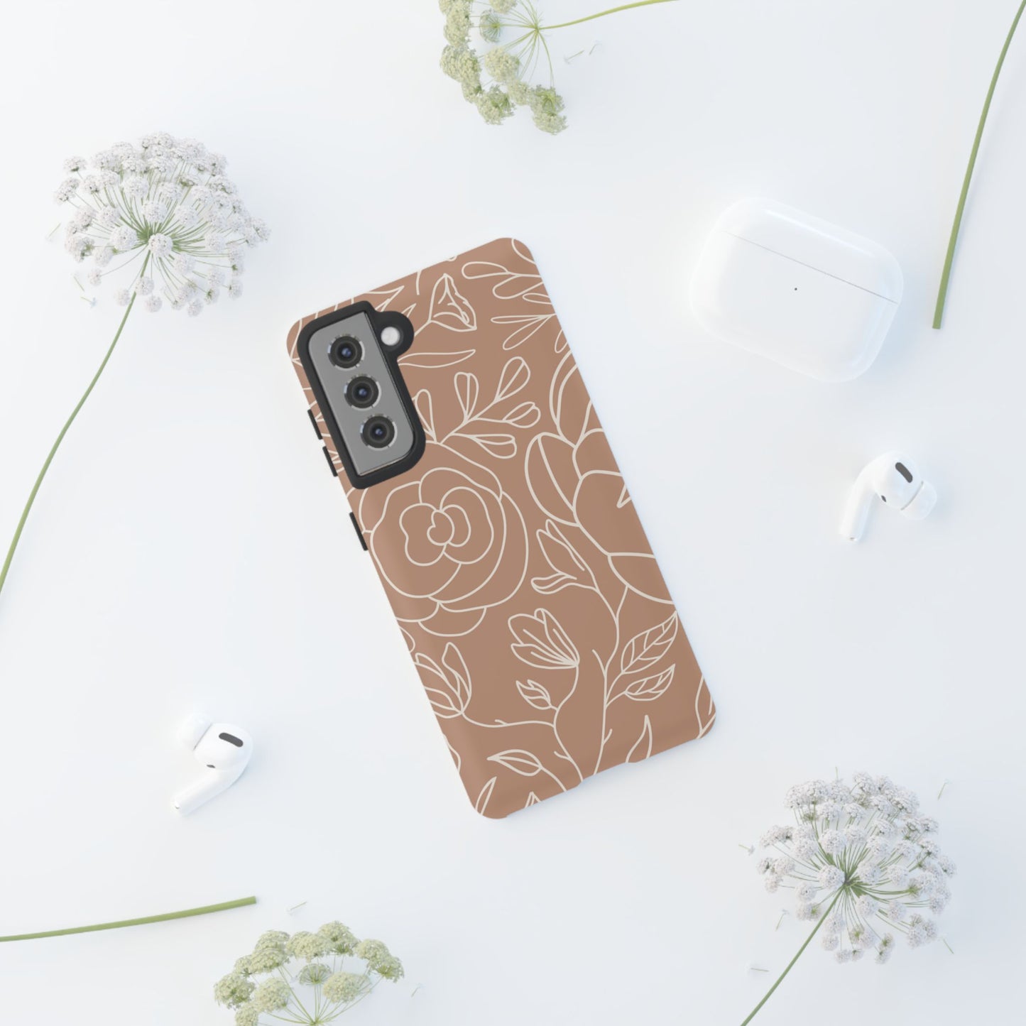 Tan & White Boho Florals - Tough Phone Case