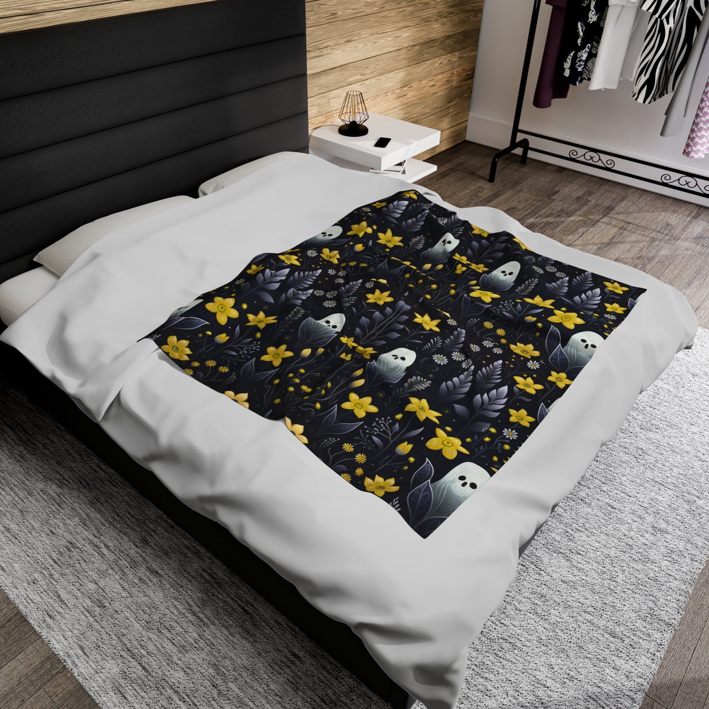 Yellow Floral Ghosts Velveteen Plush Blanket