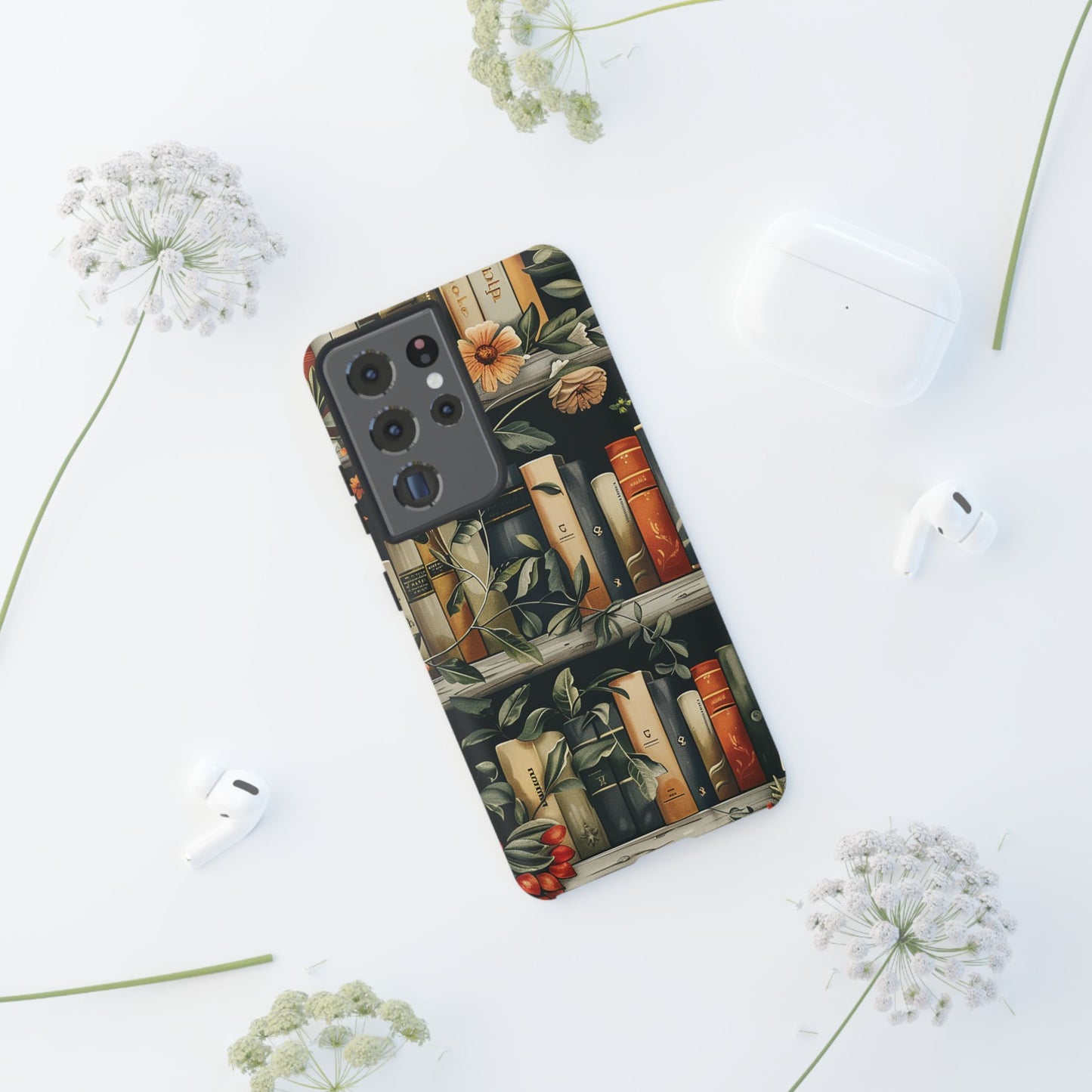 Cozy Bookshelf & Floral Tough Phone Case – Protective & Aesthetic for Book Lovers