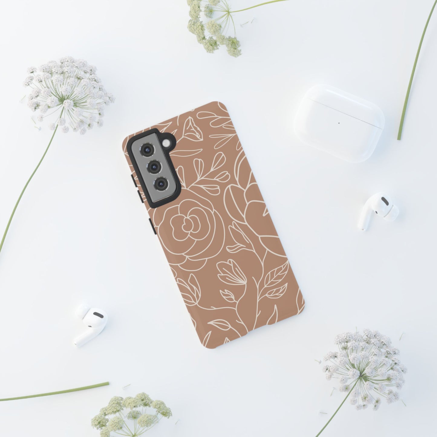 Tan & White Boho Florals - Tough Phone Case