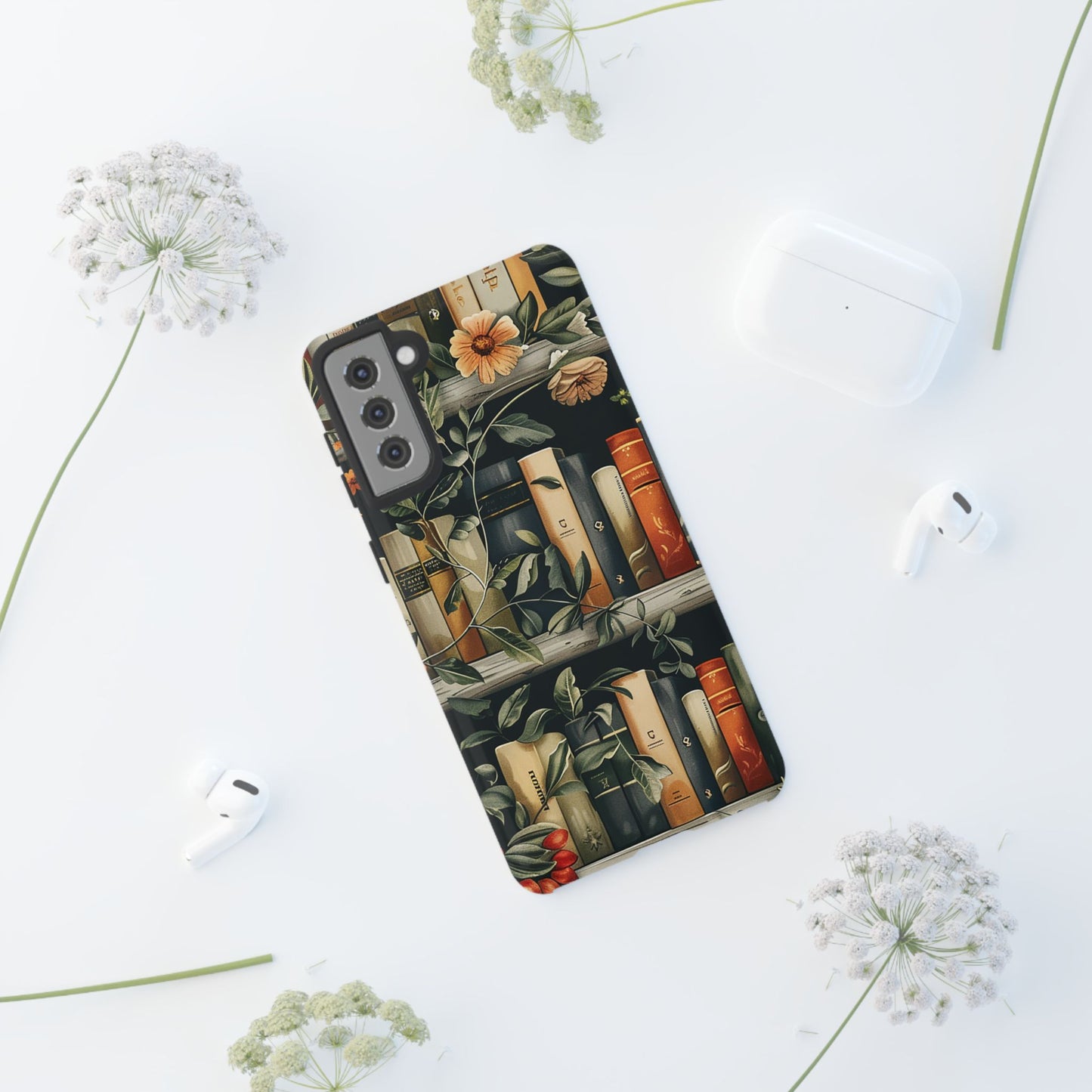 Cozy Bookshelf & Floral Tough Phone Case – Protective & Aesthetic for Book Lovers
