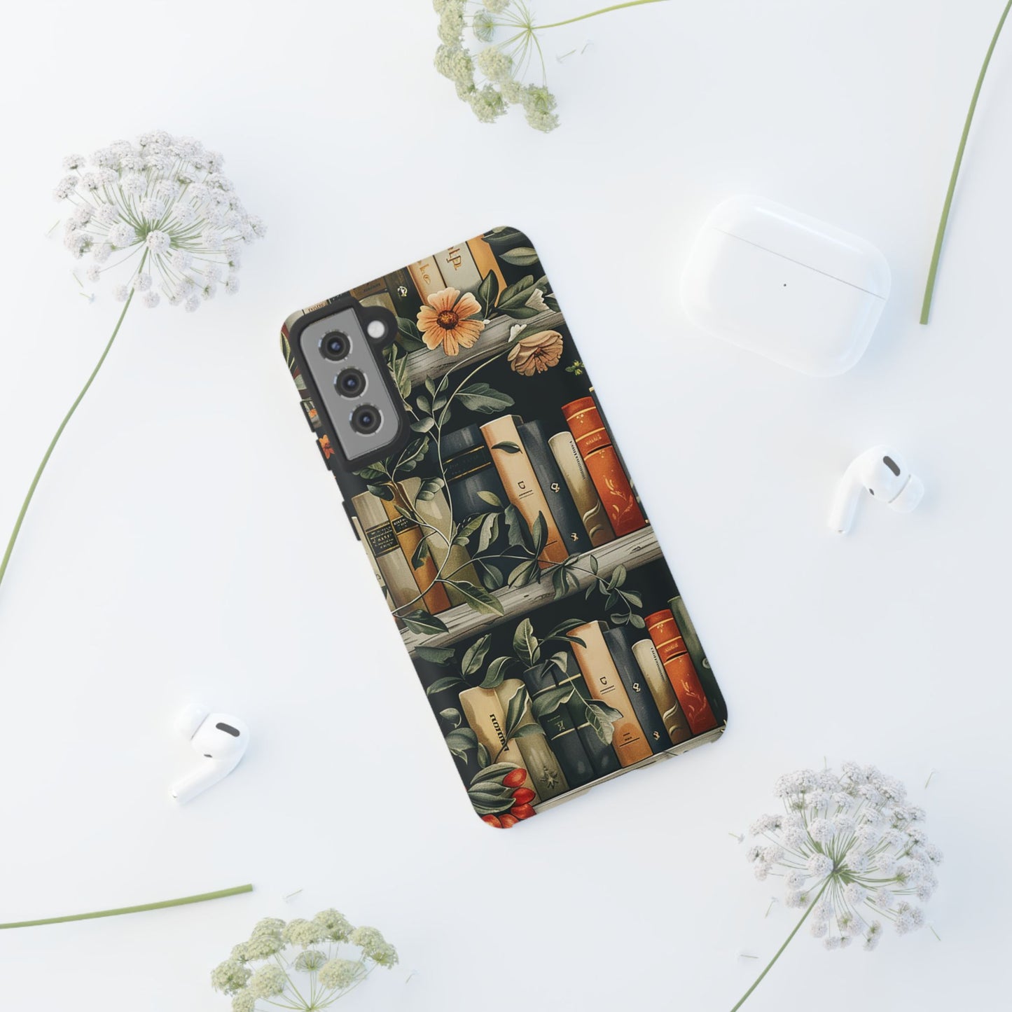 Cozy Bookshelf & Floral Tough Phone Case – Protective & Aesthetic for Book Lovers