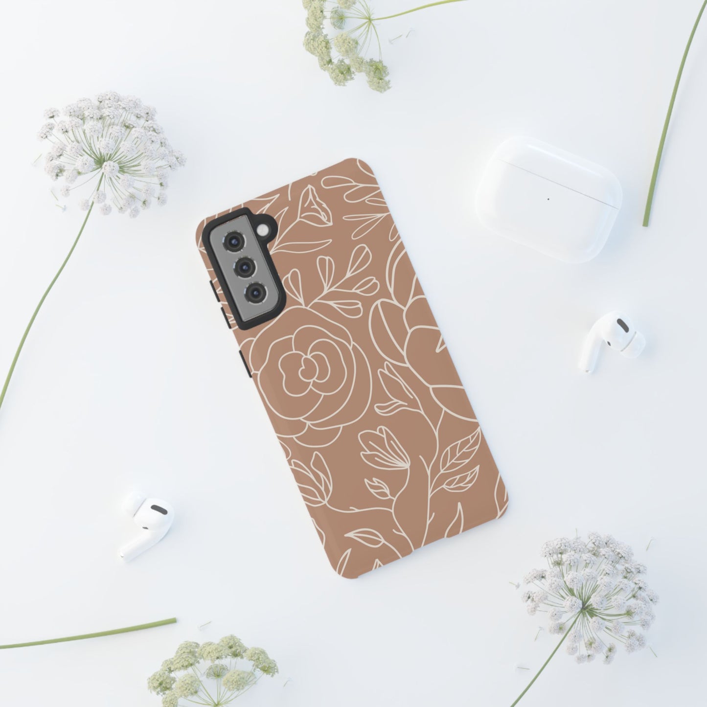 Tan & White Boho Florals - Tough Phone Case