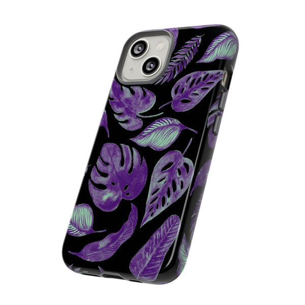 Purple & Mint Tropical Leaves on Black - Tough Case