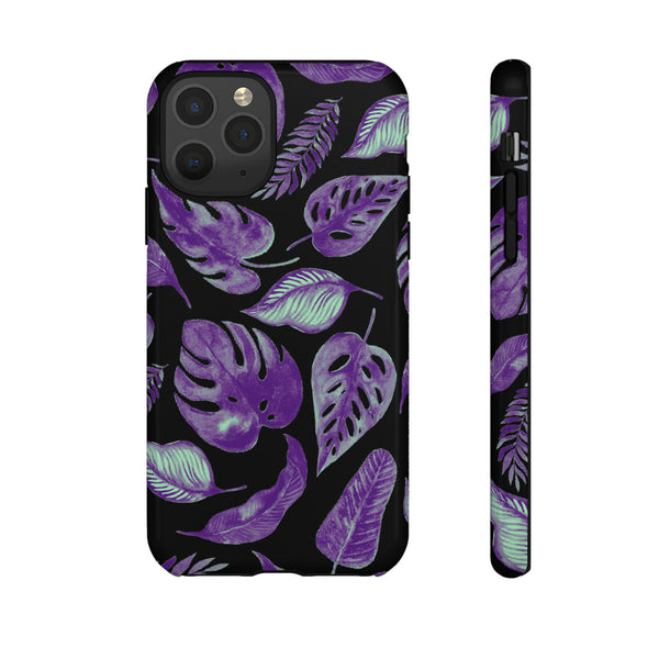 Purple & Mint Tropical Leaves on Black - Tough Case