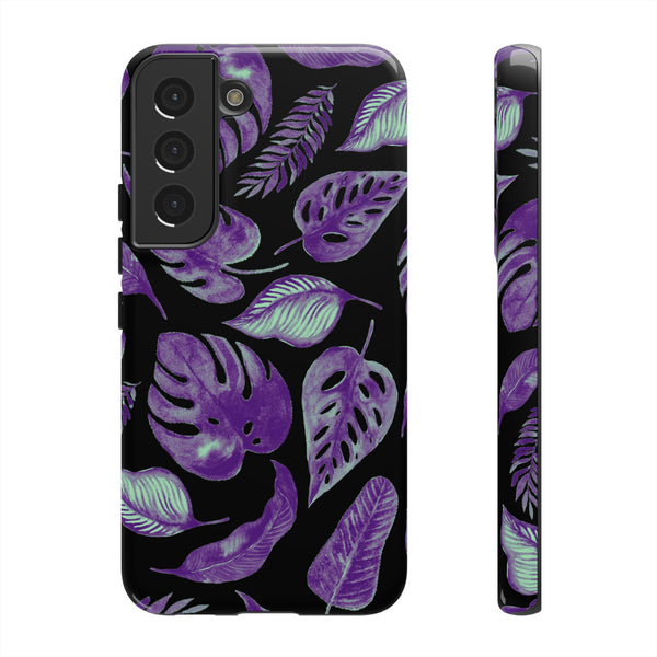 Purple & Mint Tropical Leaves on Black - Tough Case