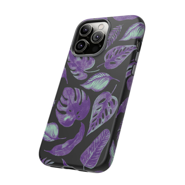 Purple & Mint Tropical Leaves on Black - Tough Case