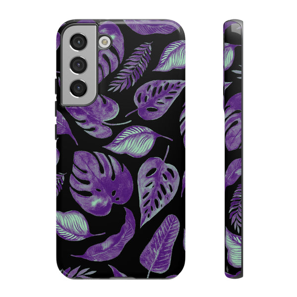 Purple & Mint Tropical Leaves on Black - Tough Case