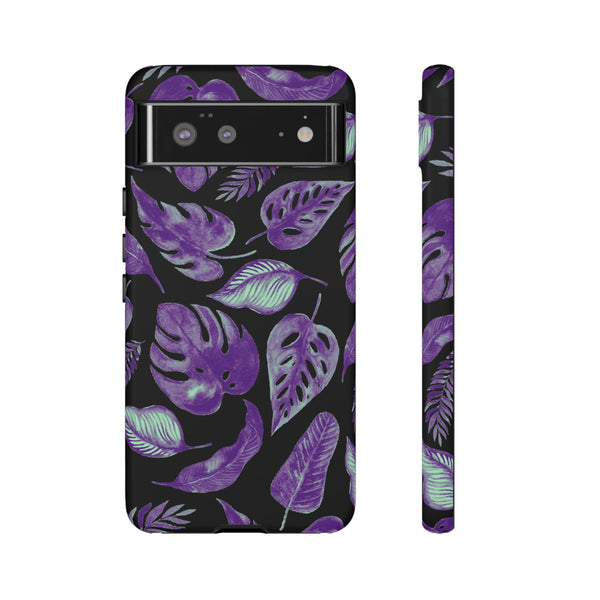 Purple & Mint Tropical Leaves on Black - Tough Case