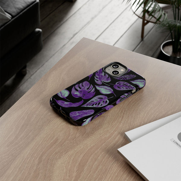 Purple & Mint Tropical Leaves on Black - Tough Case