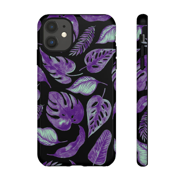 Purple & Mint Tropical Leaves on Black - Tough Case