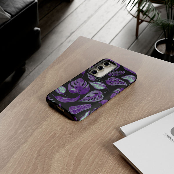 Purple & Mint Tropical Leaves on Black - Tough Case