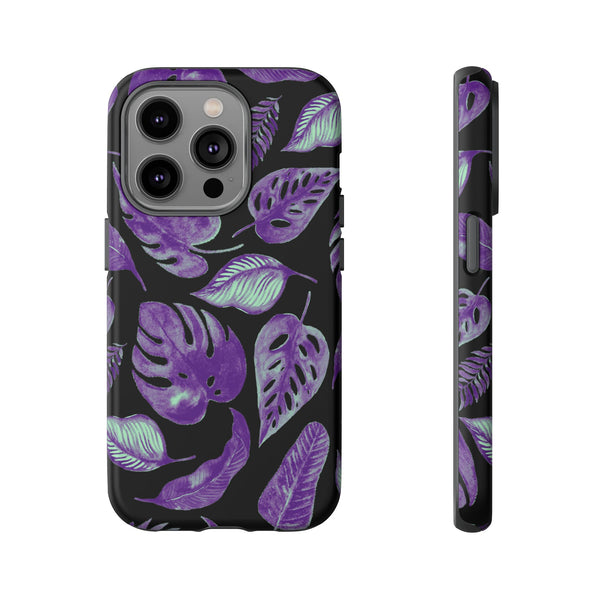 Purple & Mint Tropical Leaves on Black - Tough Case