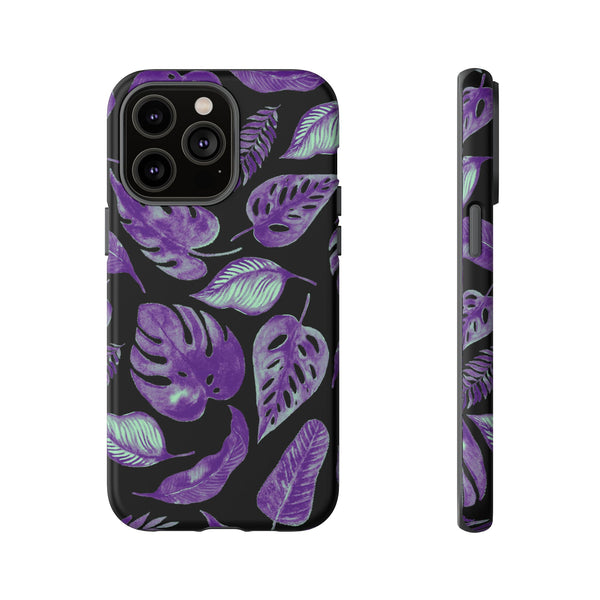 Purple & Mint Tropical Leaves on Black - Tough Case