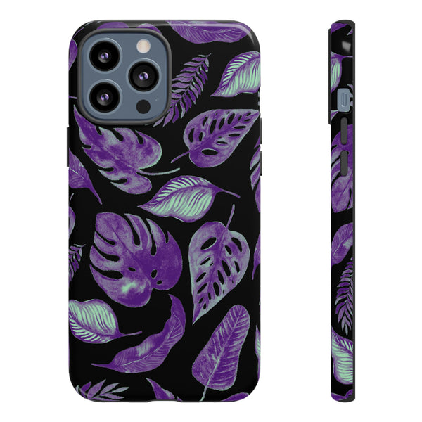 Purple & Mint Tropical Leaves on Black - Tough Case