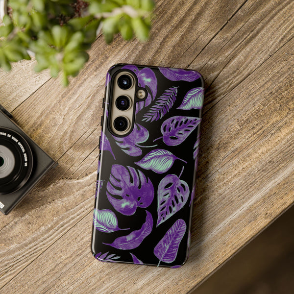 Purple & Mint Tropical Leaves on Black - Tough Case