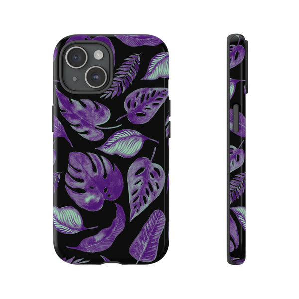 Purple & Mint Tropical Leaves on Black - Tough Case