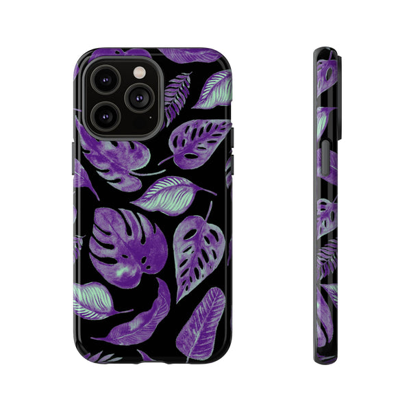 Purple & Mint Tropical Leaves on Black - Tough Case