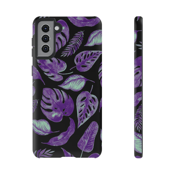 Purple & Mint Tropical Leaves on Black - Tough Case