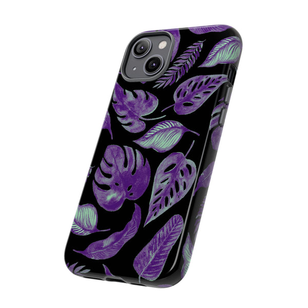 Purple & Mint Tropical Leaves on Black - Tough Case