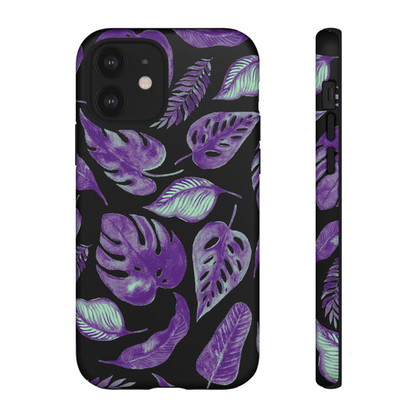 Purple & Mint Tropical Leaves on Black - Tough Case