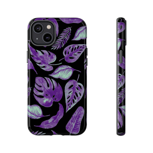 Purple & Mint Tropical Leaves on Black - Tough Case