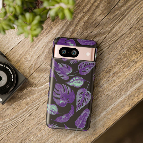 Purple & Mint Tropical Leaves on Black - Tough Case