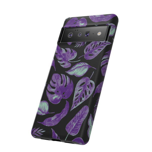 Purple & Mint Tropical Leaves on Black - Tough Case