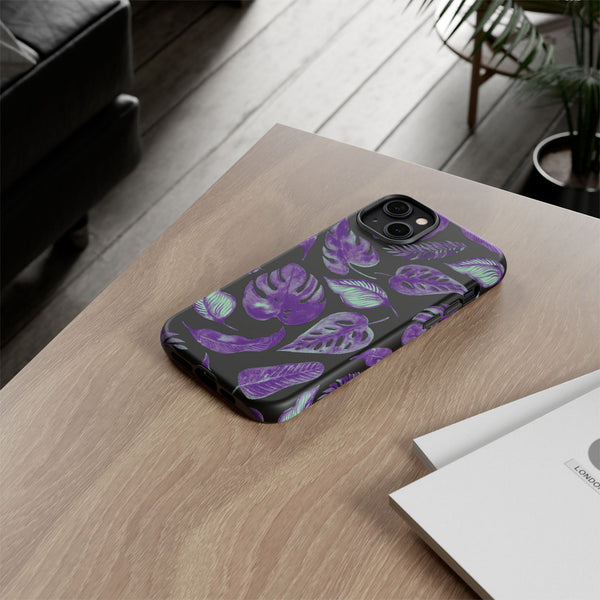 Purple & Mint Tropical Leaves on Black - Tough Case