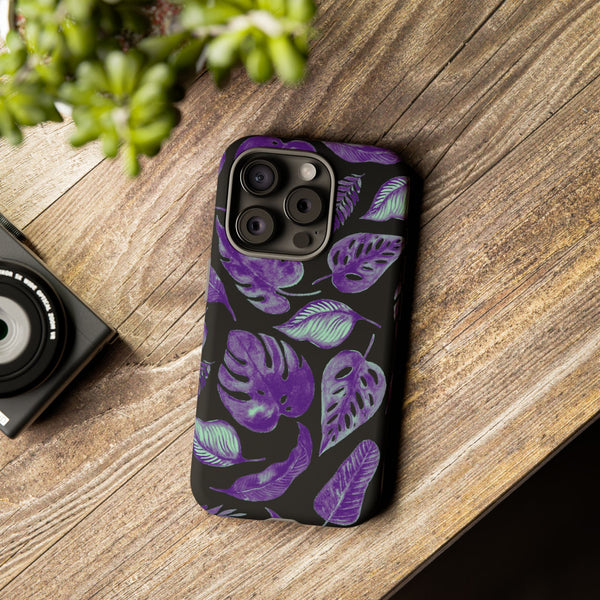 Purple & Mint Tropical Leaves on Black - Tough Case