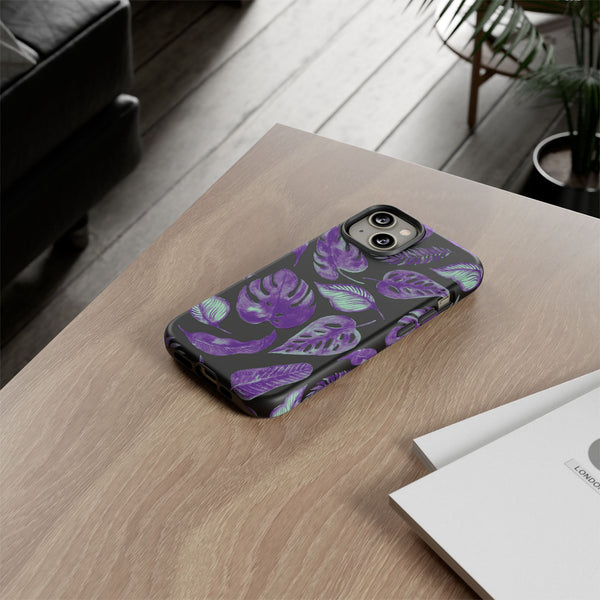 Purple & Mint Tropical Leaves on Black - Tough Case