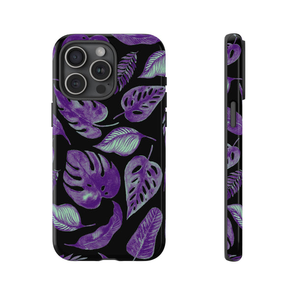 Purple & Mint Tropical Leaves on Black - Tough Case