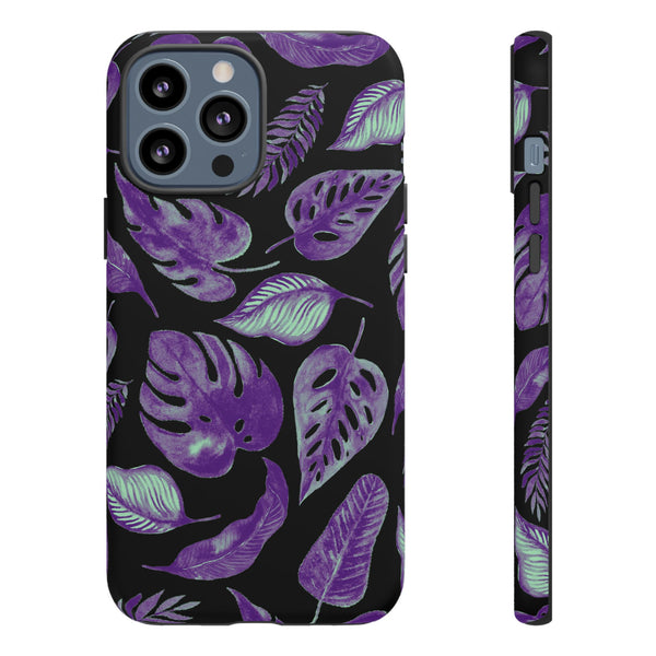 Purple & Mint Tropical Leaves on Black - Tough Case