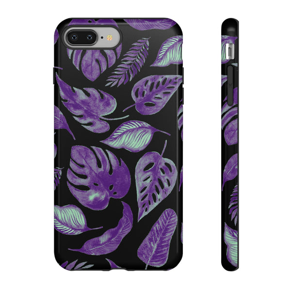 Purple & Mint Tropical Leaves on Black - Tough Case