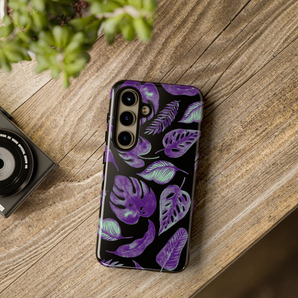 Purple & Mint Tropical Leaves on Black - Tough Case