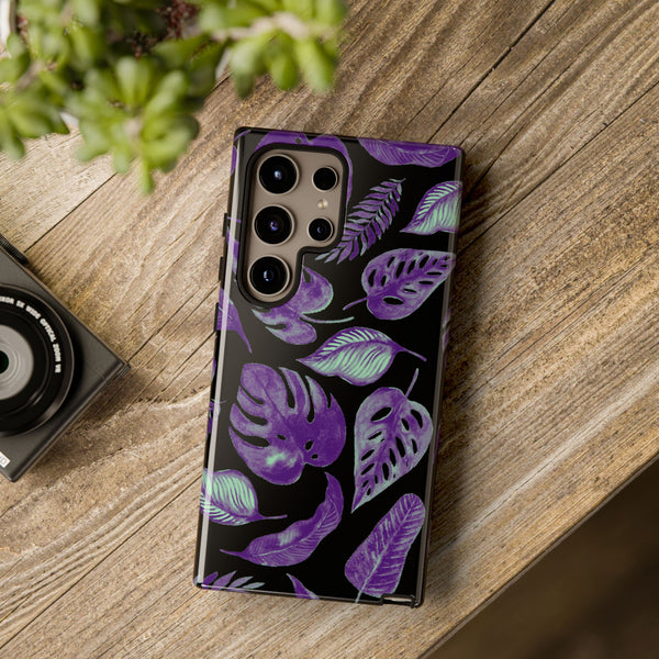 Purple & Mint Tropical Leaves on Black - Tough Case