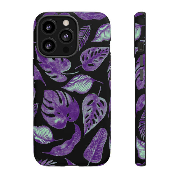 Purple & Mint Tropical Leaves on Black - Tough Case