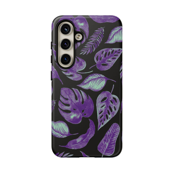 Purple & Mint Tropical Leaves on Black - Tough Case