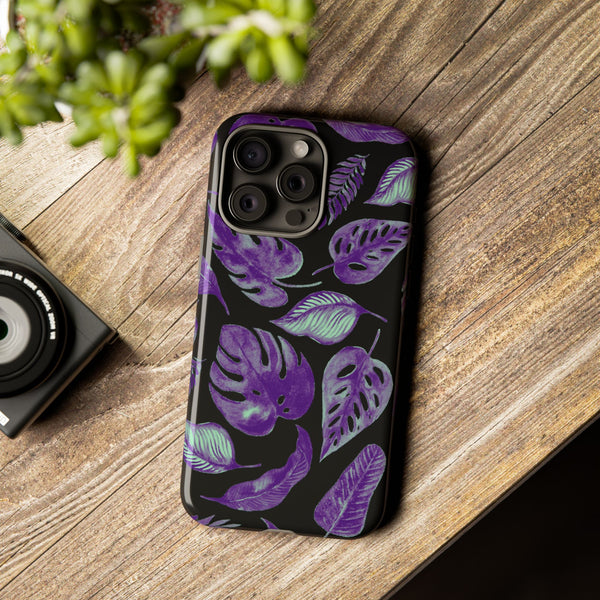 Purple & Mint Tropical Leaves on Black - Tough Case