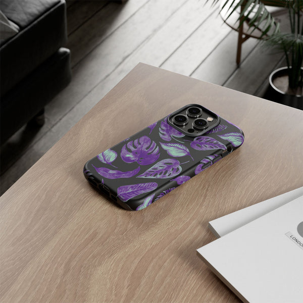 Purple & Mint Tropical Leaves on Black - Tough Case