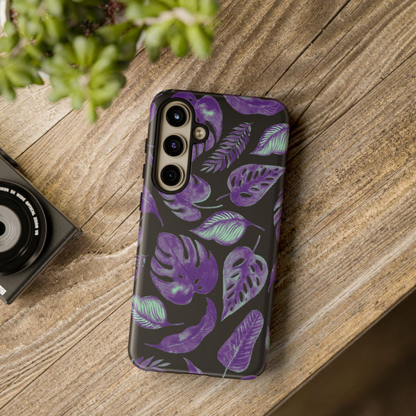 Purple & Mint Tropical Leaves on Black - Tough Case