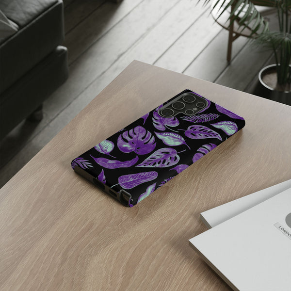 Purple & Mint Tropical Leaves on Black - Tough Case