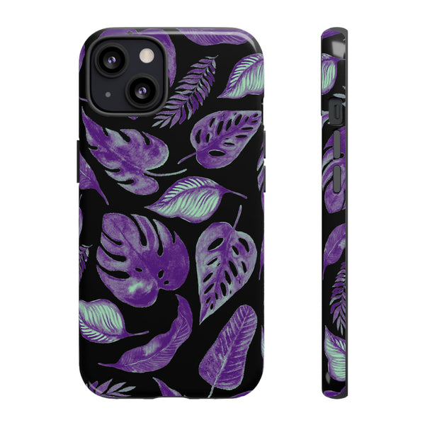 Purple & Mint Tropical Leaves on Black - Tough Case