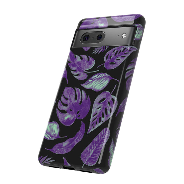 Purple & Mint Tropical Leaves on Black - Tough Case