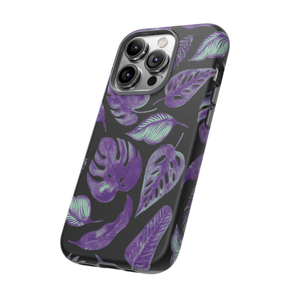 Purple & Mint Tropical Leaves on Black - Tough Case