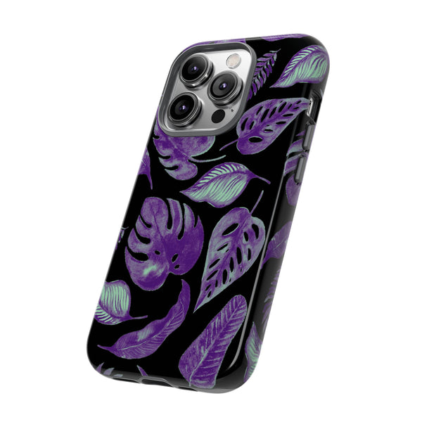 Purple & Mint Tropical Leaves on Black - Tough Case