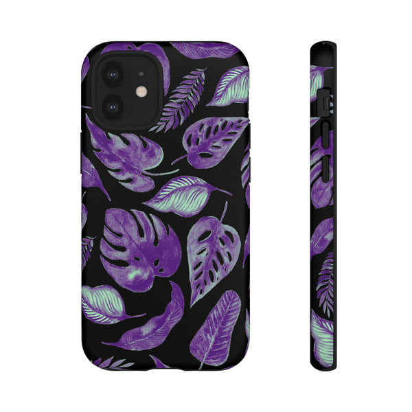 Purple & Mint Tropical Leaves on Black - Tough Case