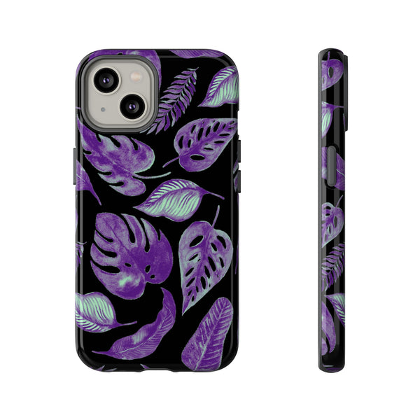 Purple & Mint Tropical Leaves on Black - Tough Case